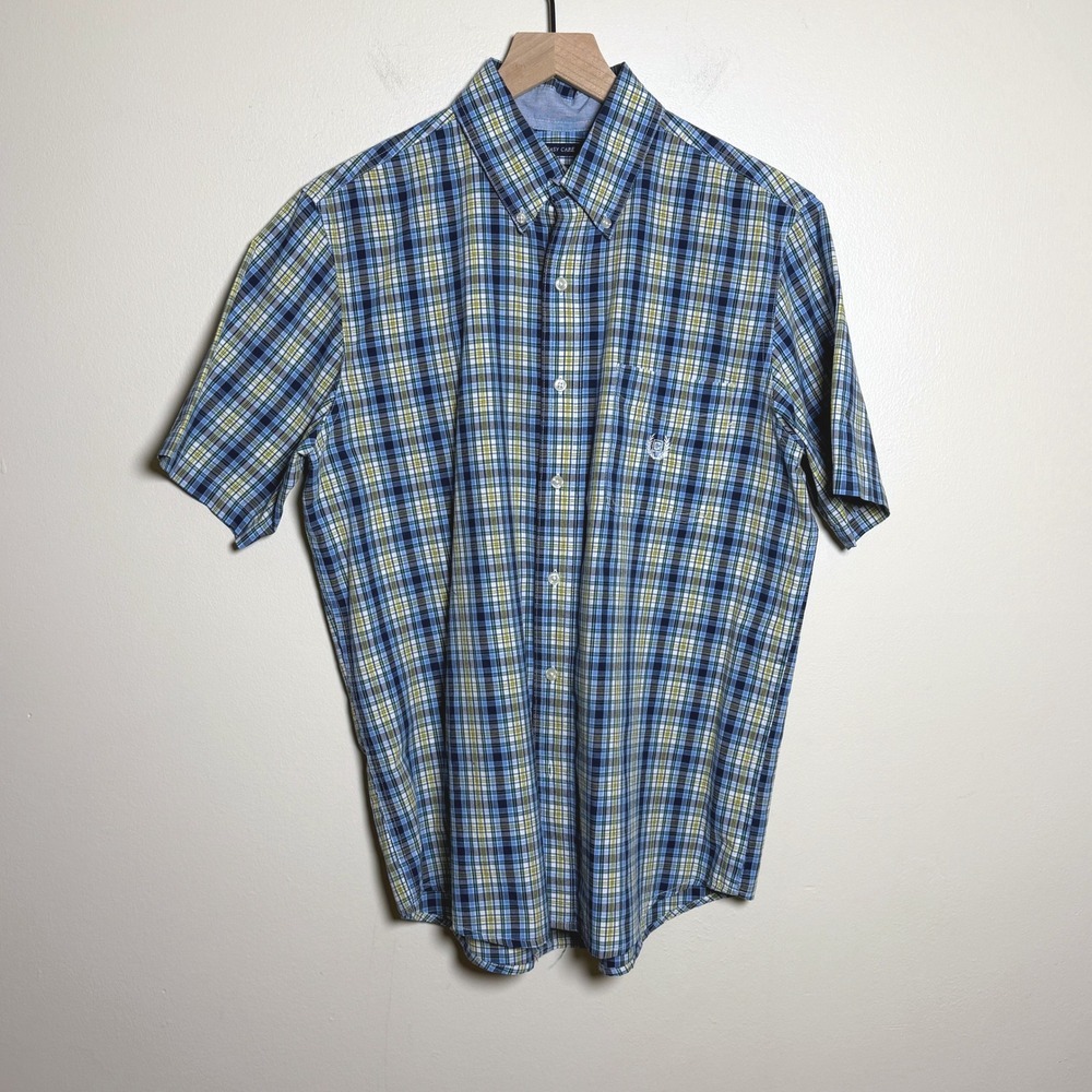 Chaps Mens Cotton Button Down Shirt M Blue Yellow Plaid Short Sleeve Easy Care